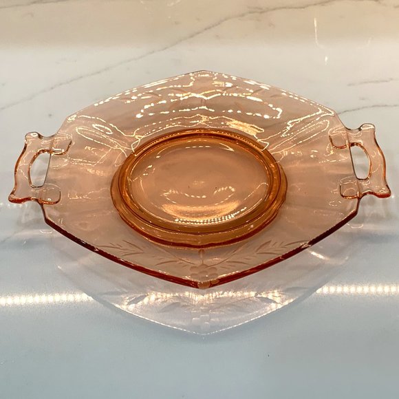 Pink Depression Glass Etched Tray with Handles - Picture 1 of 14